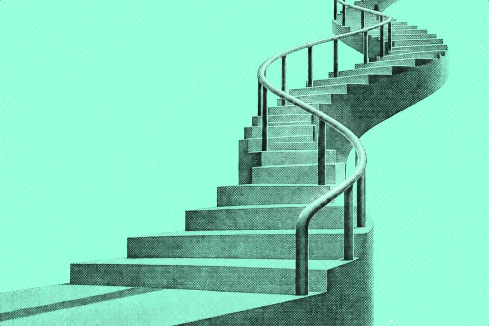 A winding staircase with a curved rail on a mint background
