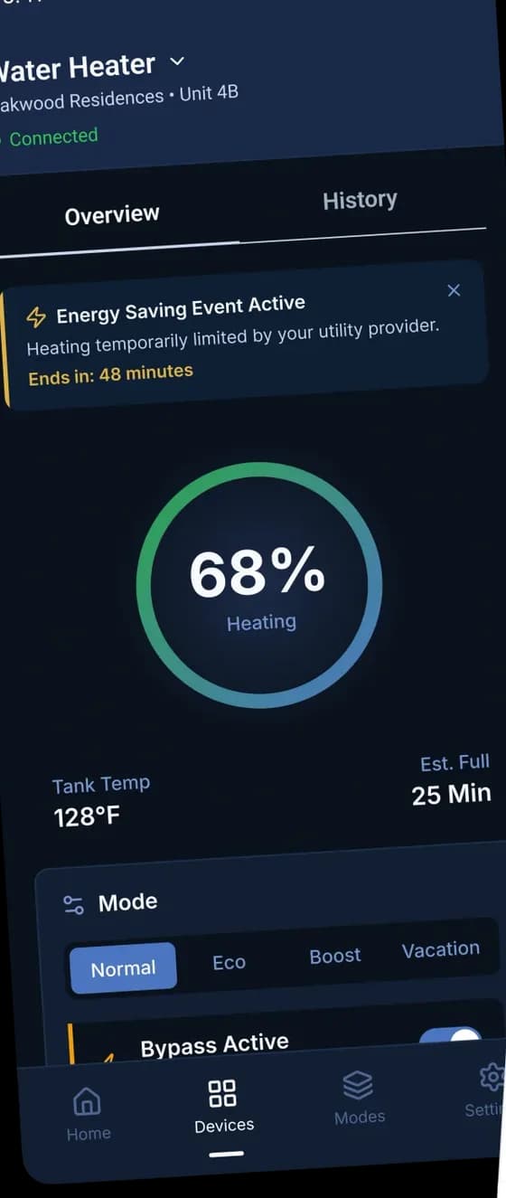 Ampure water heater app showing a 68 percent heating status dial